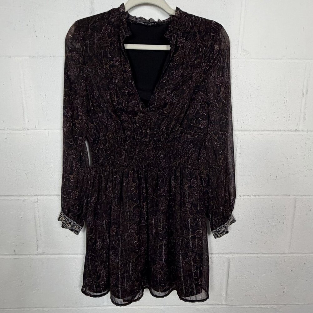 Zara Babydoll Dress Floral Smocked Shimmer Sheer Dark Coquette Fairy Princess XS